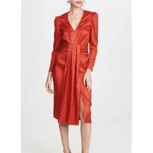 Saylor Revolve Farrow Night Out Flame Midi Dress MED Red Satin Cocktail Holiday
